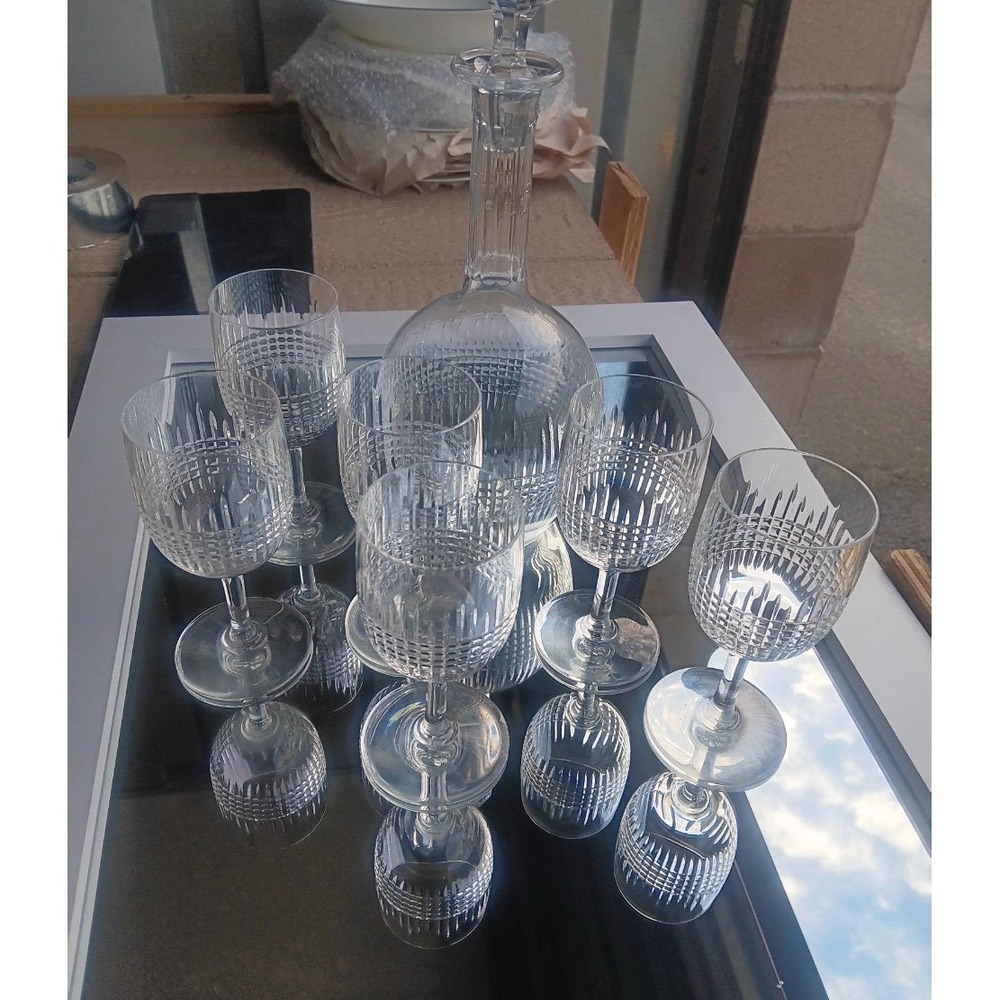 Decanter and Five Glasses Bulk Lot Nancy Cut Crystal Baccarat Wine Barware Sete